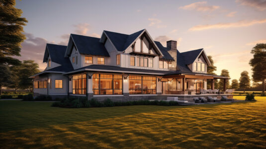 Modern farmhouse on meadow hill Generative AI